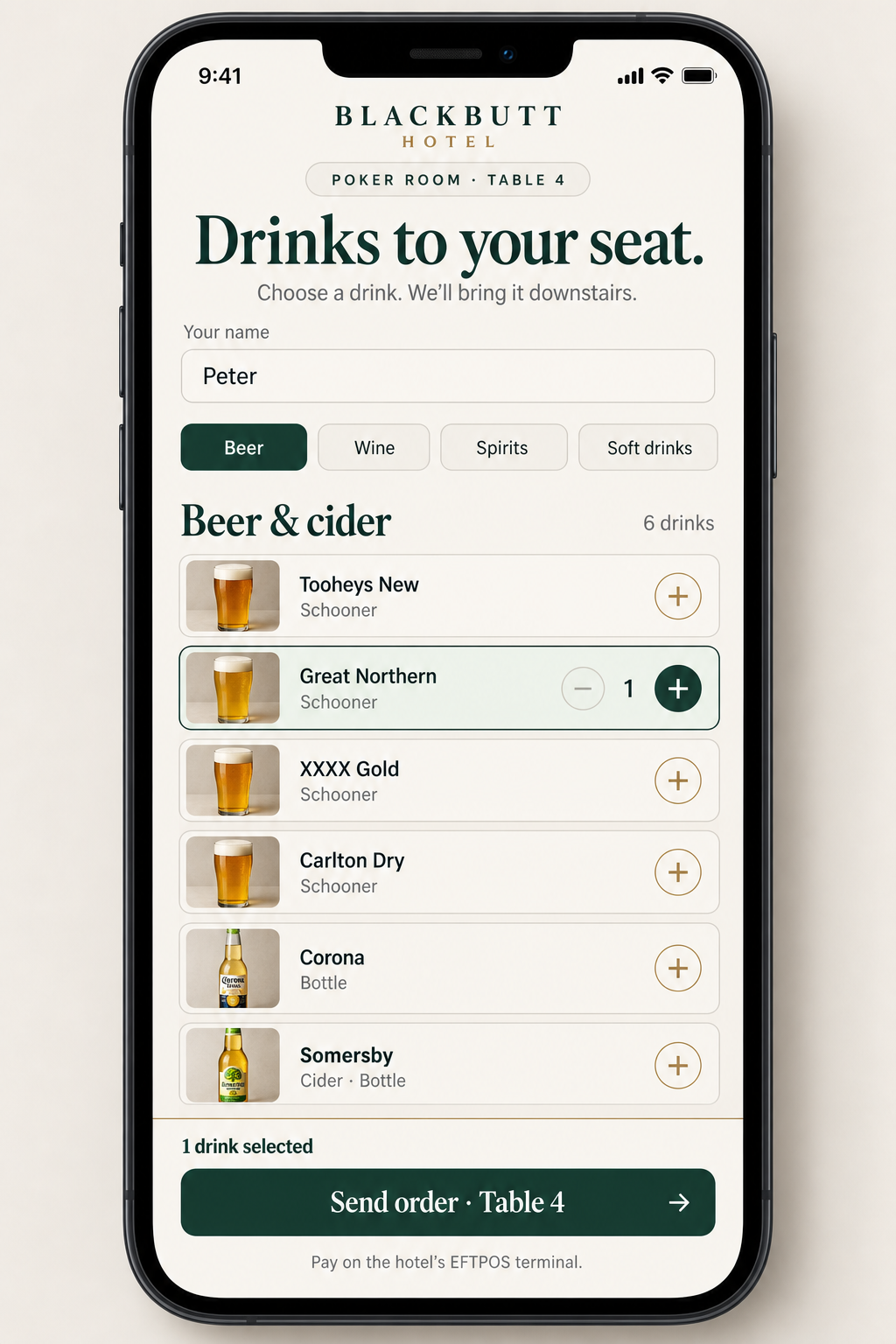 Blackbutt Hotel mobile ordering screen showing drinks available for delivery to Poker Room Table 4