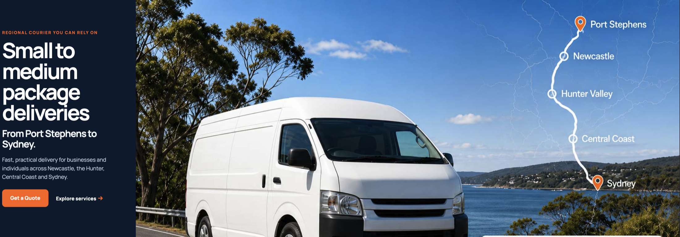 Xpress Deliveries website showing a courier van and the Port Stephens to Sydney route
